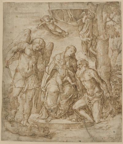 De Maagd en het Kind met de heiligen Michael en Jerome door Domenico Campagnola