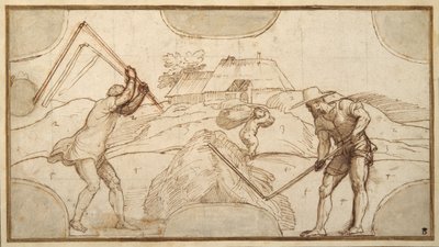 Twee boeren die dorsen door Domenico Campagnola