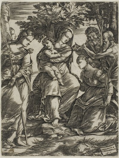 Maagd en Kind met Heiligen door Domenico Campagnola