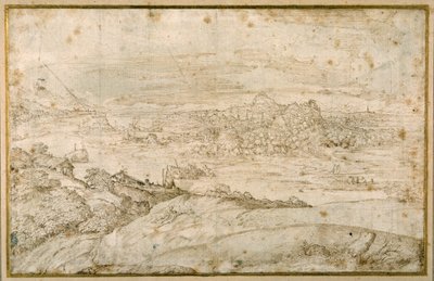 Bosrijk landschap met een kronkelende rivier; in de verte een stad, een mengeling van torenspitsen en koepels met antieke ruïnes door Domenico Campagnola
