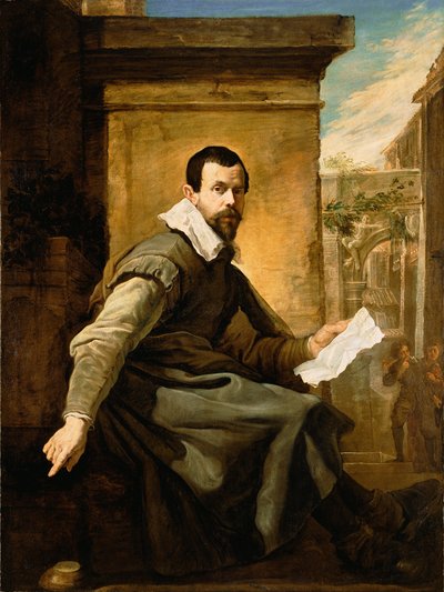 Portret van een man met een blad muziek door Domenico Fetti