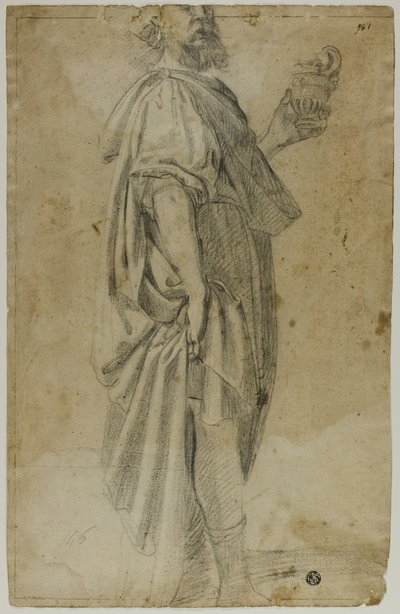 Staande magiër (recto); Schets van stal en bomen (verso) door Domenico Fiasella