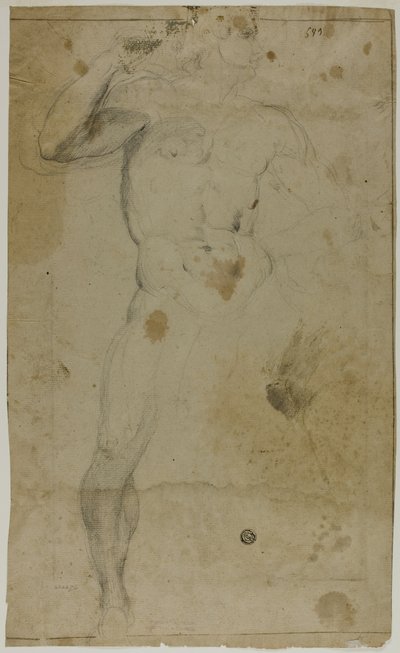 Staande Mannelijke Naakt (recto); Twee Halflange Mannelijke Figuren, Een met Opgeheven Arm, de Ander Biddend (verso) door Domenico Fiasella