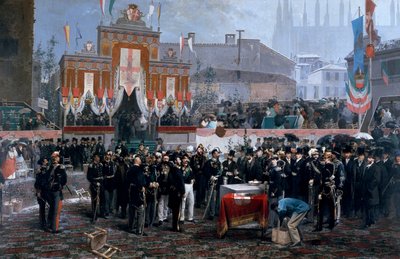 Ceremonie voor het leggen van de eerste steen van de Galleria Victor Emmanuel II in Milaan, 7 maart door Domenico Induno