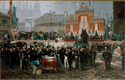 Ceremonie voor de eerste steen van de Vittorio Emanuele II-galerij op 7 maart 1865 door Domenico Induno