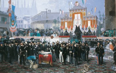 Het leggen van de eerste steen van de Galleria Vittorio Emanuele in Milaan door Domenico Induno