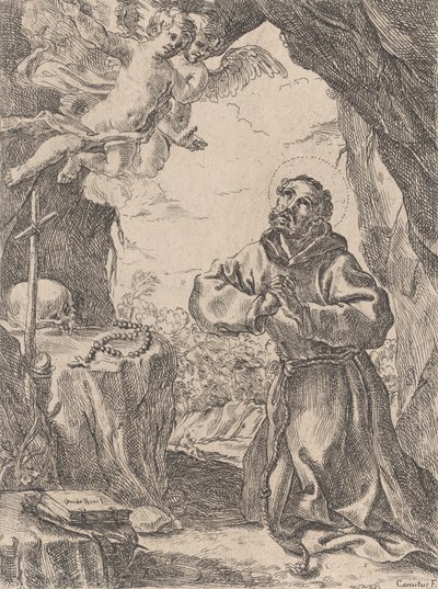 Sint Franciscus van Assisi, knielend voor een kruisbeeld met twee engelen linksboven door Domenico Maria Canuti
