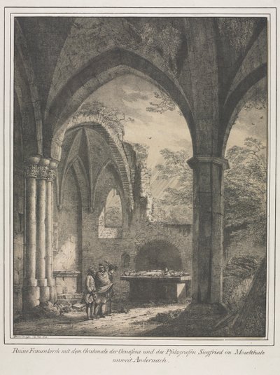 Opmerkelijke Gebouwen uit de Middeleeuwen in Duitsland: Ruïnes van de Kerk van de Maagd met het Graf van Genevieve en Siegfried, Paltsgraaf van de Rijn, in de Moezelvallei bij Andernach door Domenico Quaglio