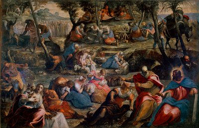 De verzameling van manna (Joden in de woestijn). Scène uit het Oude Testament: God voedt de Israëlieten die zouden sterven van de honger met kwarteleitjes en manna. Rechts Aaron en Mozes. Schilderij door Jacopo Robusti, genaamd Tintoretto door Domenico Robusti Tintoretto