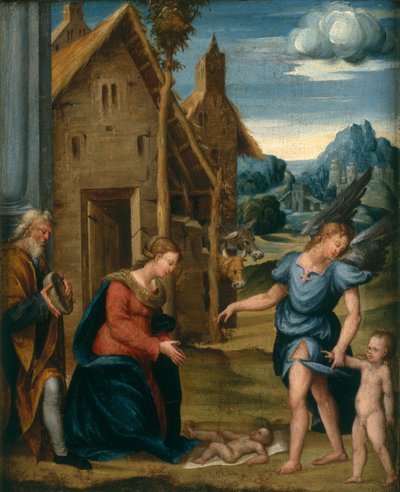 Aanbidding van het Kind met Raphael en Tobias, ca. 1510 door Domenico workshop attr.to Panetti