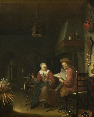 Interieur met een man die leest en een vrouw die garen spint door Domenicus van Tol