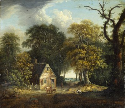Een Boslandschap met een Veedrijver en Vee bij een Huisje door Dominic Serres