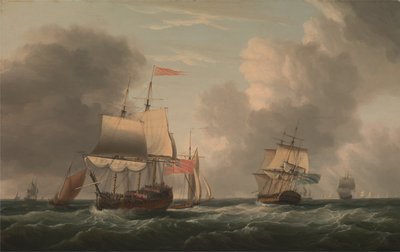 Een Engelse dubbeldekker met andere schepen in een frisse bries door Dominic Serres