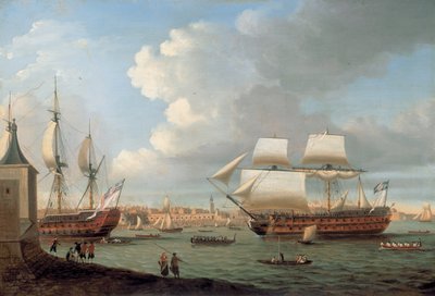 Foudroyant en Pégase varen de haven van Portsmouth binnen, 1782 door Dominic Serres