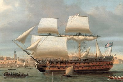 Foudroyant en Pégase varen de haven van Portsmouth binnen, 1782 door Dominic Serres