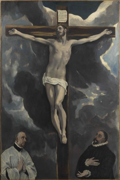 Christus aan het kruis aanbeden door twee schenkers, eind 16e eeuw door Dominico El Greco