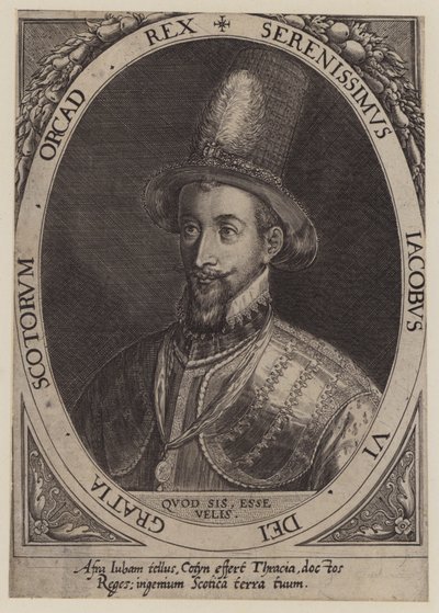 Koning James VI van Schotland (gravure) door Dominicus or Custodis Custos