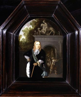 Portret van kapitein Jacobus Van Der Burgh voor de Doeler Poort, Leiden door Dominicus van Tol