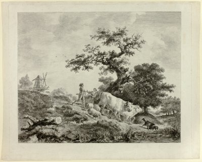 Landschap met windmolen, jonge man en meisje, en twee ossen door Dominique Vivant Denon