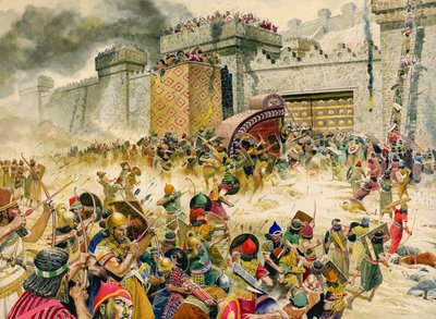 Samaria, vestingstad van Israël, ten prooi gevallen aan de Assyriërs (gouache op papier) door Don Lawrence