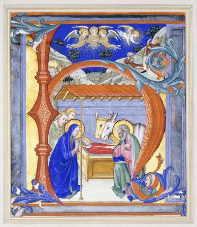 Verlichte gehistorieerde initiaal "N", met een geboortetafereel, 1410 door Don Simone Camaldolese