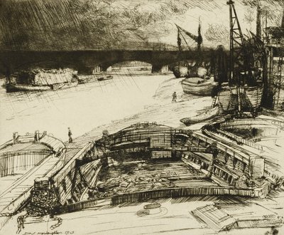 Wind en regen op de Theems door Donald Shaw MacLaughlan