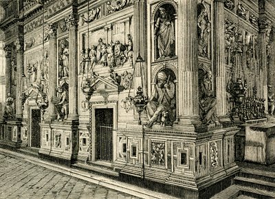 Marmeren scherm van Heilige Huis, ontworpen door Donato Bramante, Heiligdom van Heilige Huis, Loreto, Marche, Italië door Donato Bramante
