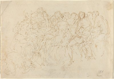 Magdalena Wast de Voeten van Christus met Acht Discipelen die Toekijken (recto) door Donato Creti