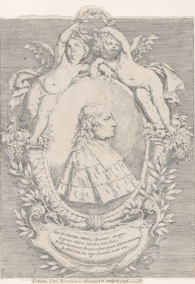 Portret van Giovanni Girolamo Sbaraglia, binnen een ovaal geflankeerd door twee putti op hoorn des overvloeds door Donato Creti