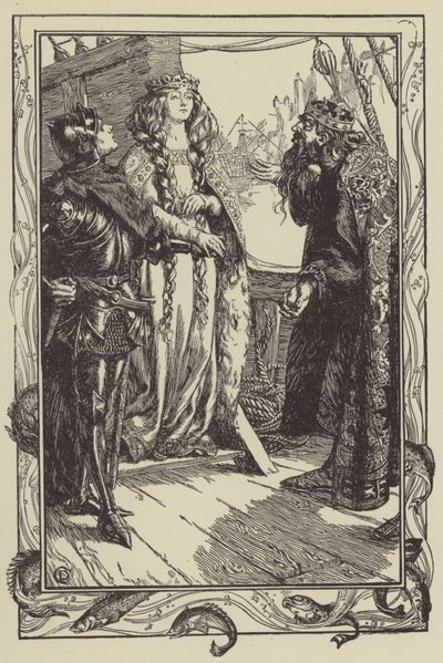 Koning Anguish geeft Isolt aan Sir Tristram (litho). door Dora Curtis