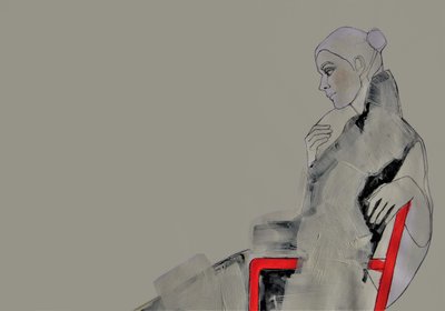 Contemplatieve vrouw in het rood door Doris Schmitz