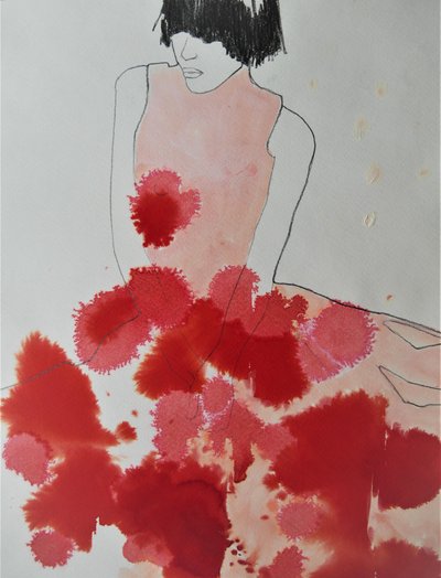 Rode jurk met inktprint door Doris Schmitz