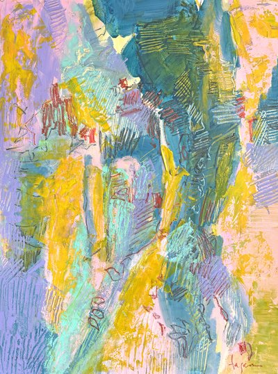 Levendig geel-blauw abstract door Dorothy Fagan