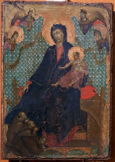 Maagd en kind met drie franciscaner monniken door Duccio di Buoninsegna