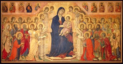 Maagd op de troon met Kind, omringd door Engelen en Heiligen, centraal paneel van de Maesta door Duccio di Buoninsegna