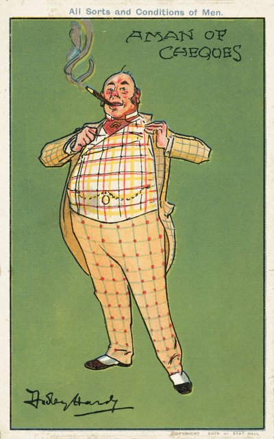 Een man van cheques: een dikke rijke man in een geruit pak (chromolitho) door Dudley Hardy