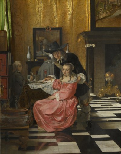 Een interieur, met een vrouw die een glas wijn weigert, ca. 1660 door Dutch Master
