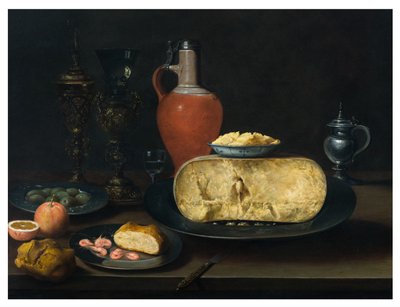 Een stilleven met kaas, boter, brood, garnalen, sinaasappels, olijven en wijn op een tafel door Dutch School
