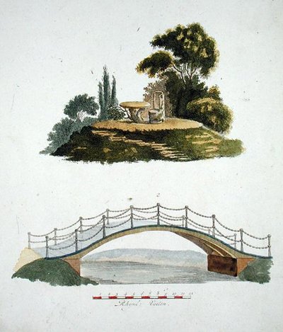 Een rustieke stoel en tafel en een sierlijke brug, uit 