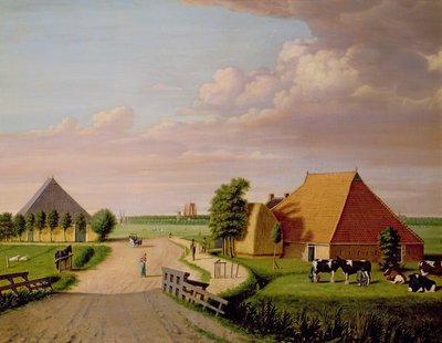 Een studie van Leeuwarden in Nederland met een kudde Friese koeien op de voorgrond door Dutch School