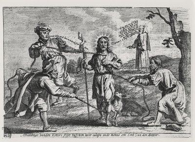 Karikatuur van Luther, Calvijn en Menno Simons die Christus en zijn leer betwisten door Dutch School