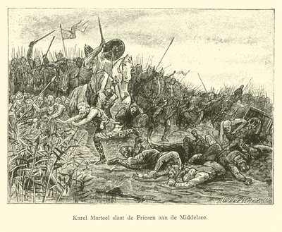 Karel Martel vecht tegen de Friezen op de Middelzee door Dutch School