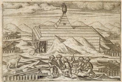 Bemanning doodt en vilt beren, buiten de hut waarin de expeditie overwinterde, illustratie uit 