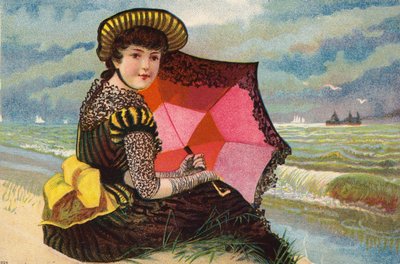Nederlands meisje, met parasol, aan zee door Dutch School