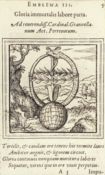 Gloria immortalis labore parta, illustratie uit Emblemata door Hadrianus Junius, uitgegeven door Christophe Plantin, Antwerpen, 1565 door Dutch School