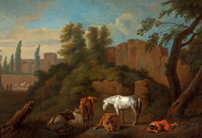 Landschap met een slapende jongen door Dutch School