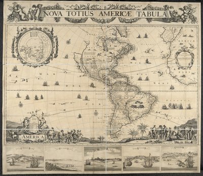 Kaart van Amerika, Nova totius Americae Tabula, [met uitzichten van] Panama, Caput S. Augustini, Nieu Amsterdam, S. Salvador, Nombre D. Dios. Gedrukt bij J. Mathysz door Dutch School