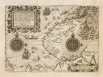 Kaart van het pas ontdekte Nova Zembla, illustratie uit Diarium Nauticum, seu vera descriptio trium navigationum admirandarum... door Gerrit de Veer, 1598 door Dutch School