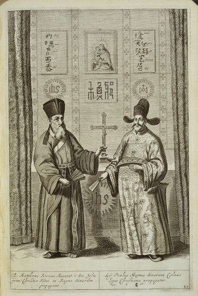 Matteo Ricci (1552-1610) en Paulus Li, uit China Illustrated door Athanasius Kircher (1601-80) 1667 door Dutch School