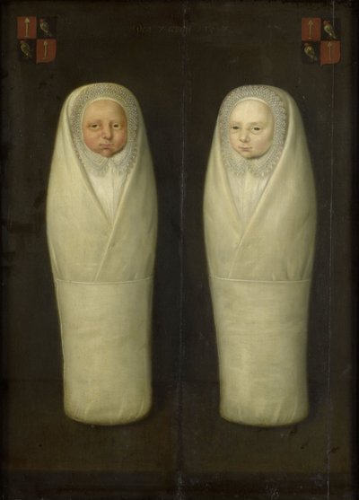 Portret van ingebakerde tweelingen: De vroeg overleden kinderen van Jacob de Graeff en Aeltge Boelens, ca. 1617 door Dutch School